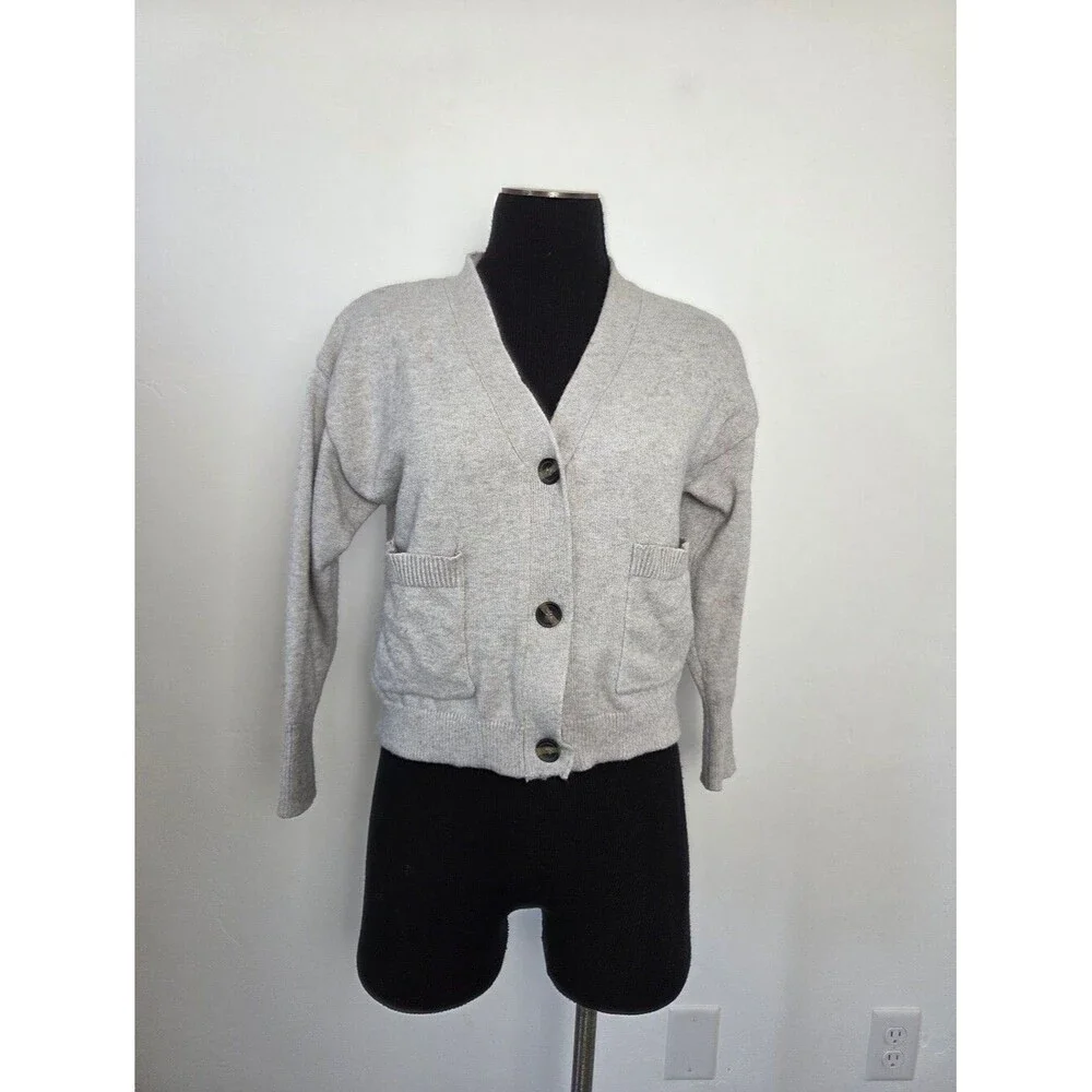 Poof Gray Cardigan Sweater Short Cozy Soft Academia Preppy Twee Old Money Small